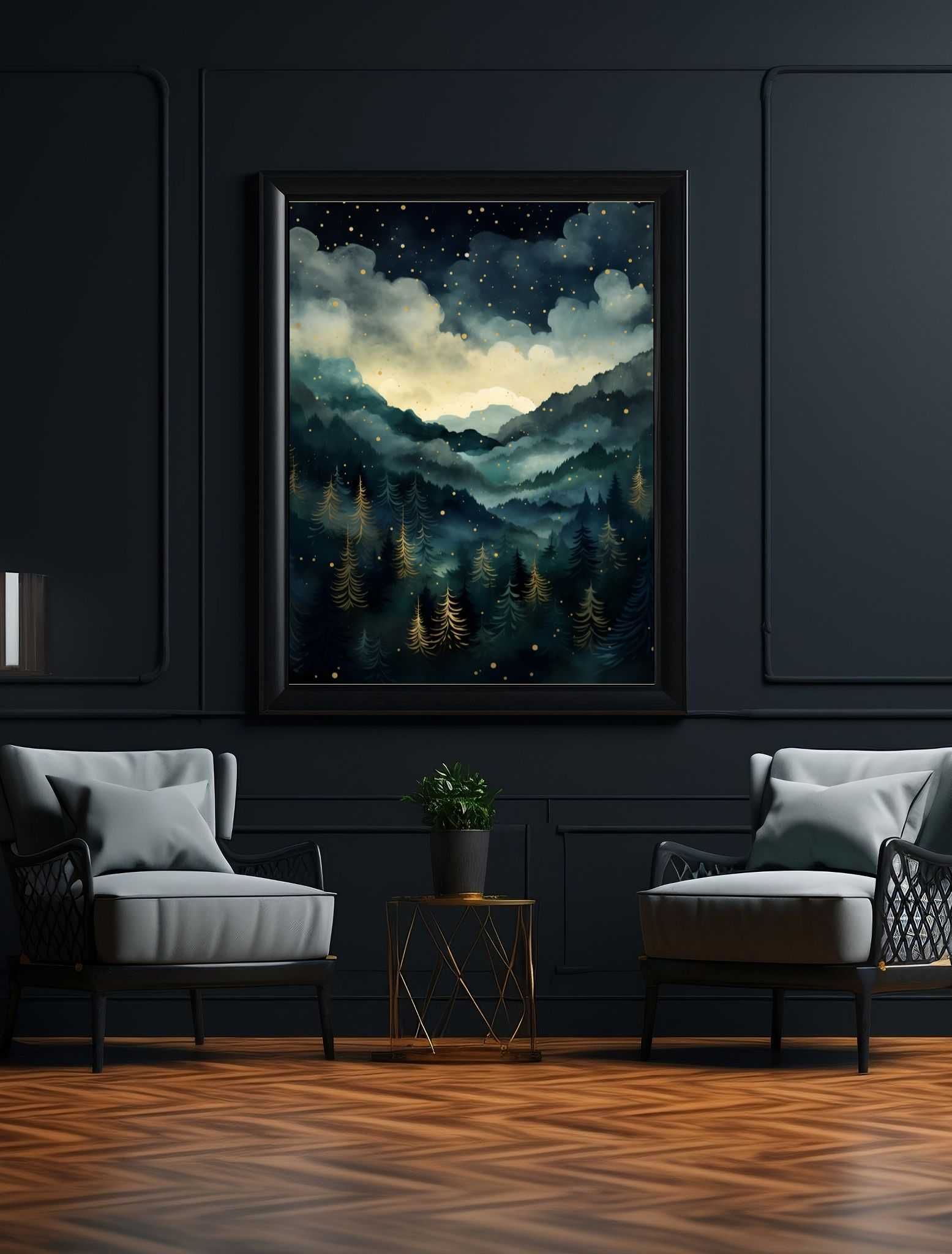 Plakat na Ścianę Obraz Złota Noc Krajobraz Las Sztuka 40x60 cm