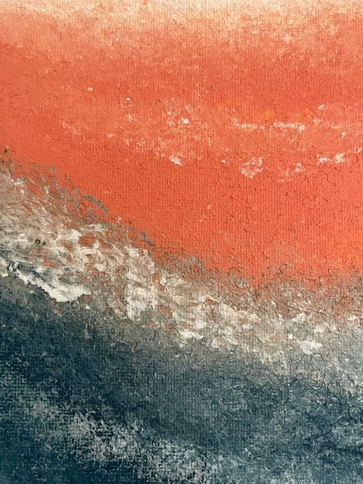Pintura abstrata em acrílico em tons de azul, salmão e cinzento