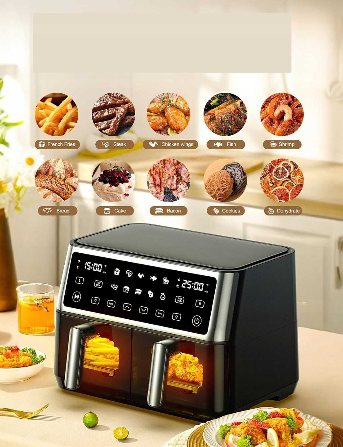 Frytkownica beztłusz Dual Zone 2 kosze 10L 2850W, 10 trybów, 200°C