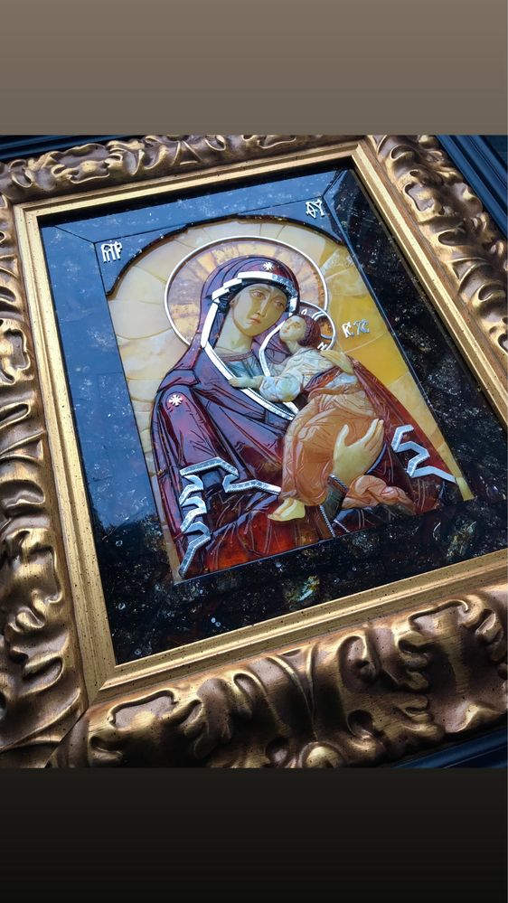 Ікона Спасителя із натурального бурштину мозаїка ексклюзив