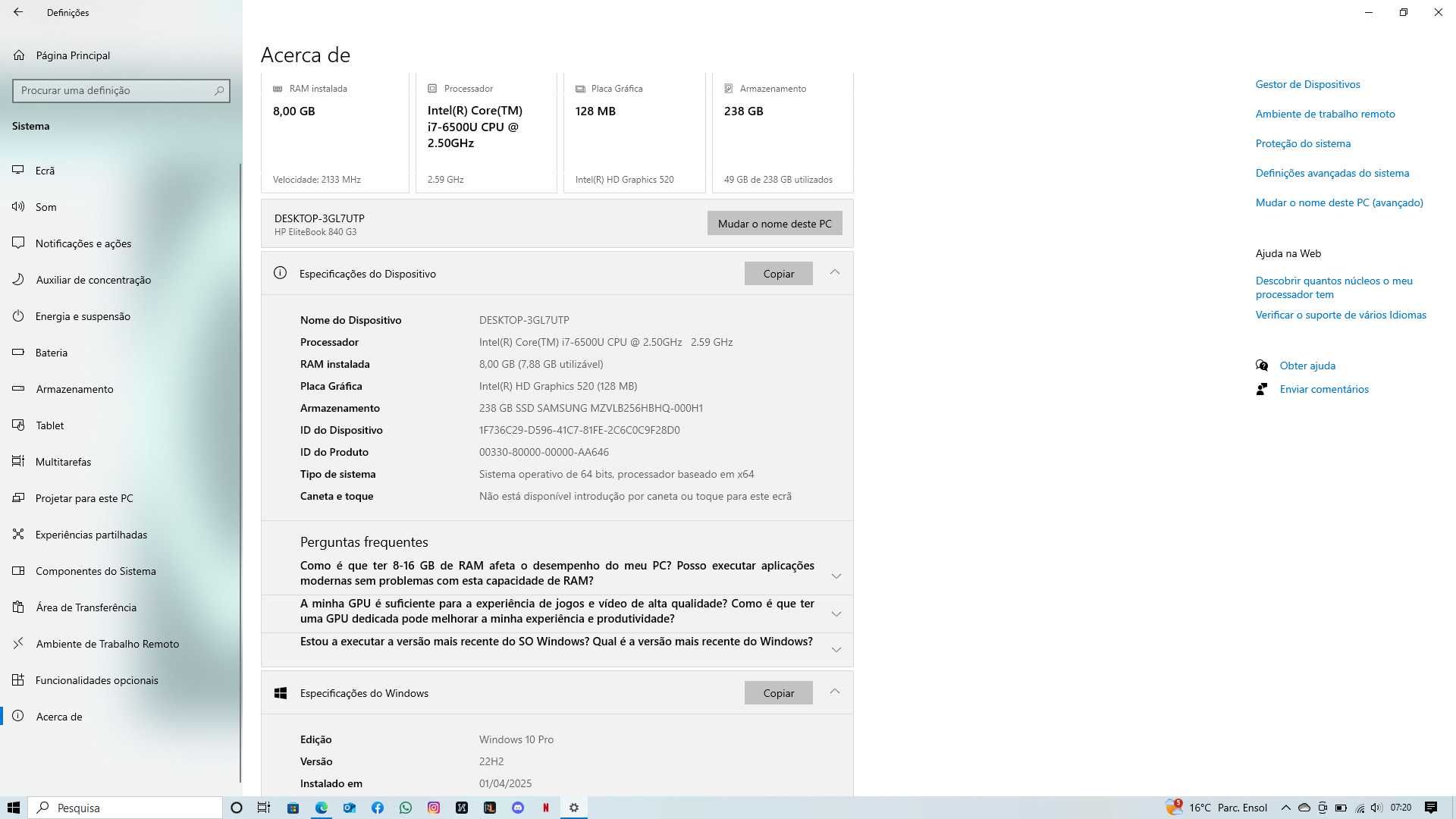 HP Elitebook 840 G3 - 258GB