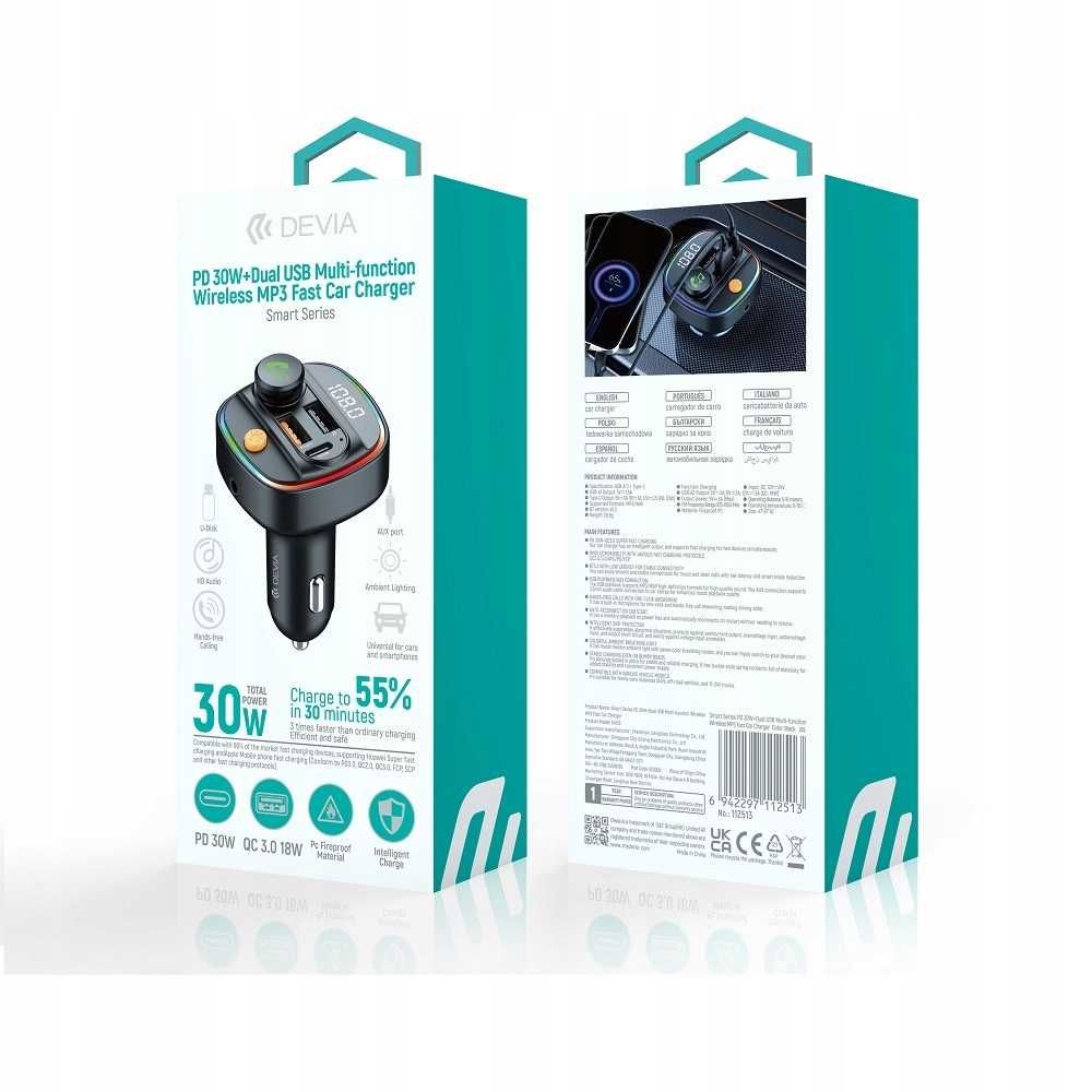 Transmiter bluetooth FM + Ładowarka samochodowa PD 30W 2xUSB