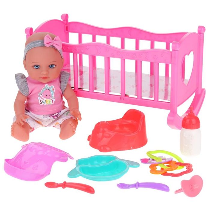 Łóżeczko Kołyska dla Lalek + Interaktywna Lalka Bobas Mówi Mama Tata