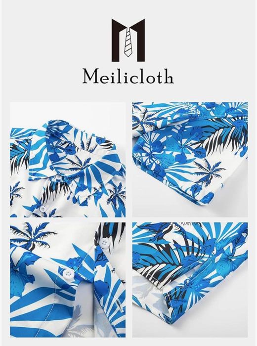 Męska koszula hawajska, biało niebieska, rozmiar L, MEILICLOTH