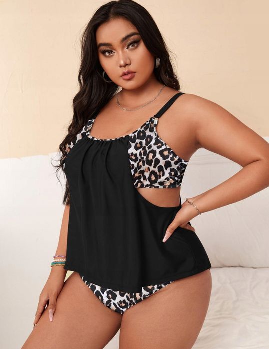 Strój Kąpielowy Damski Dwuczęściowy Tankini Wzór Czarny
