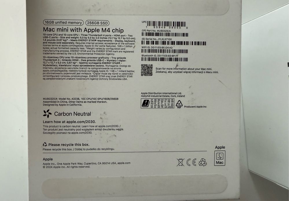 MiniPC Apple Mac Mini 2024 M4 10-rdzeni 16GB RAM 256GB Dysk SSD