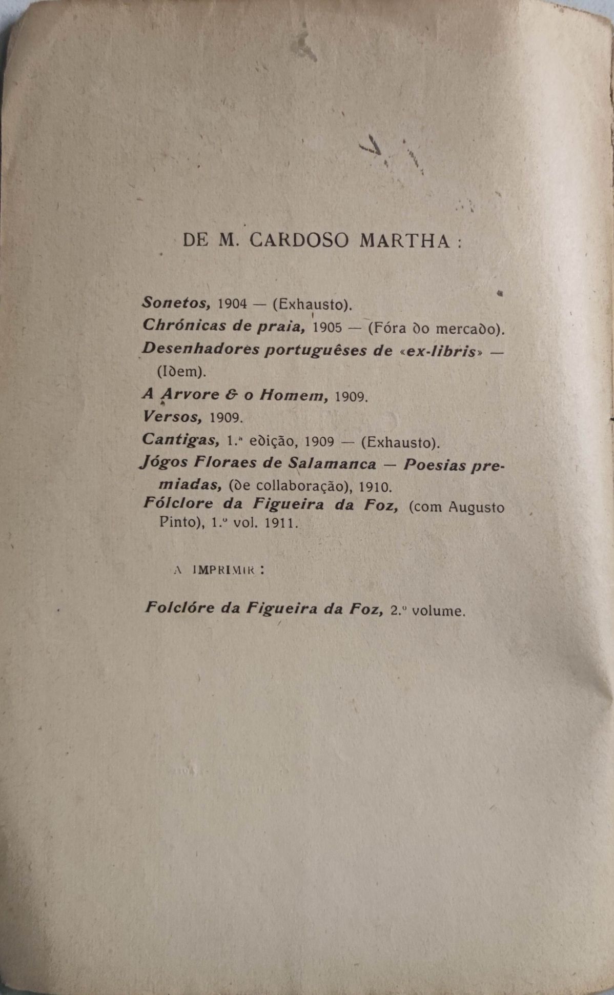 Livro -. Figueira da Foz- M. Cardoso Martha - Cantigas 1911