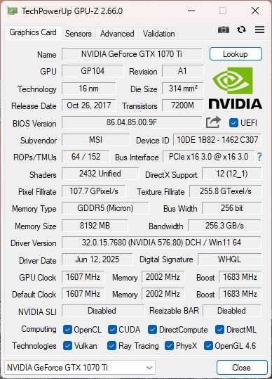 MSI GeForce GTX 1070 Ti ARMOR 8 GB