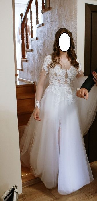 suknia ślubna, koronka, tiul, brokat, biała, długi rękaw