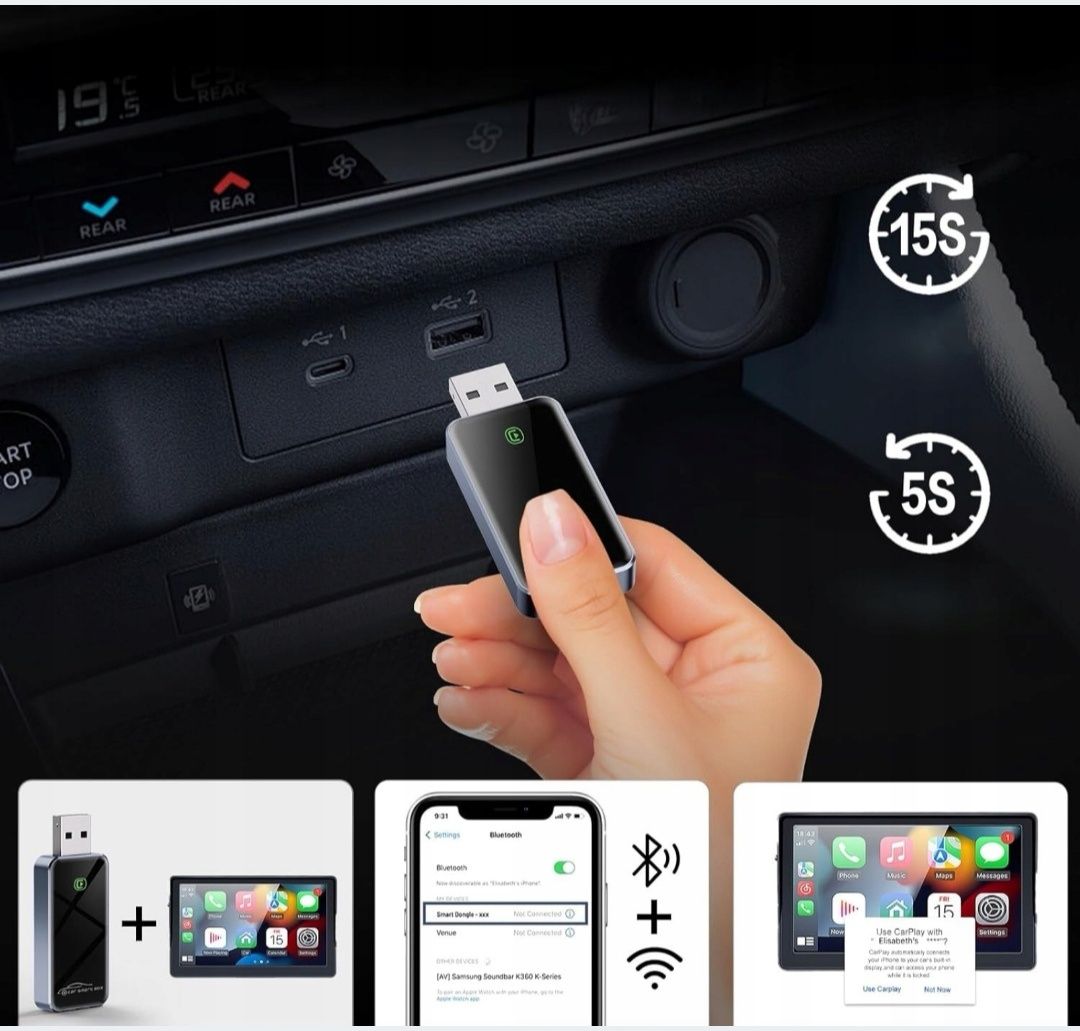 Adapter CarPlay Bezprzewodowy Dongle iPhone iOS 10+ Nawigacją Muzyką