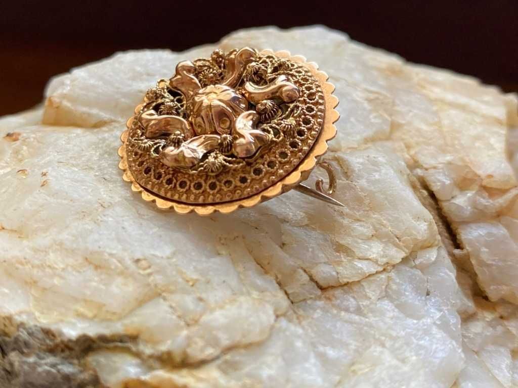 Antyczna XIX w. Złota 14K Broszka Cannetille