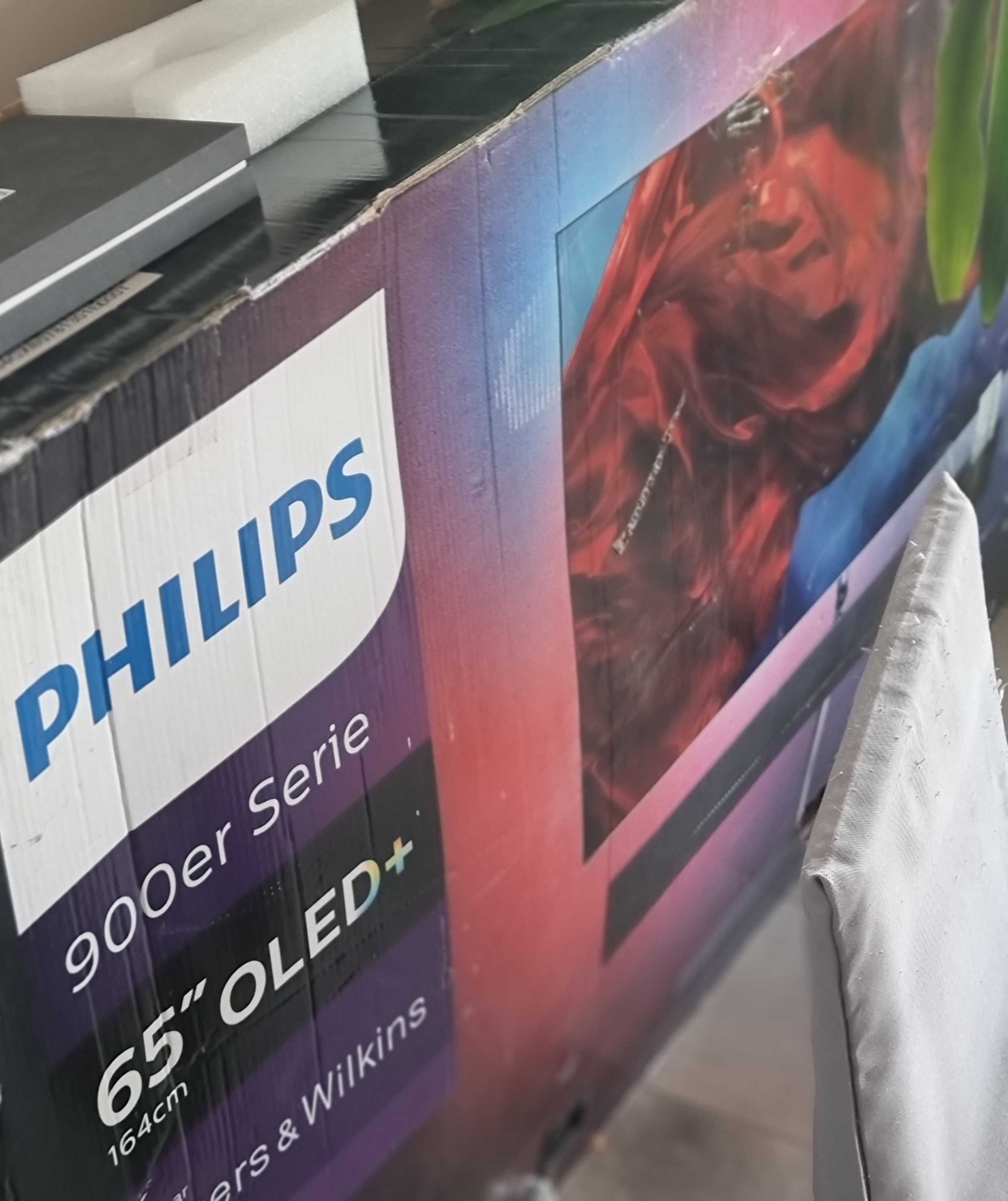 Tv smart Android Philips 65OLED984 z folią na ekranie.