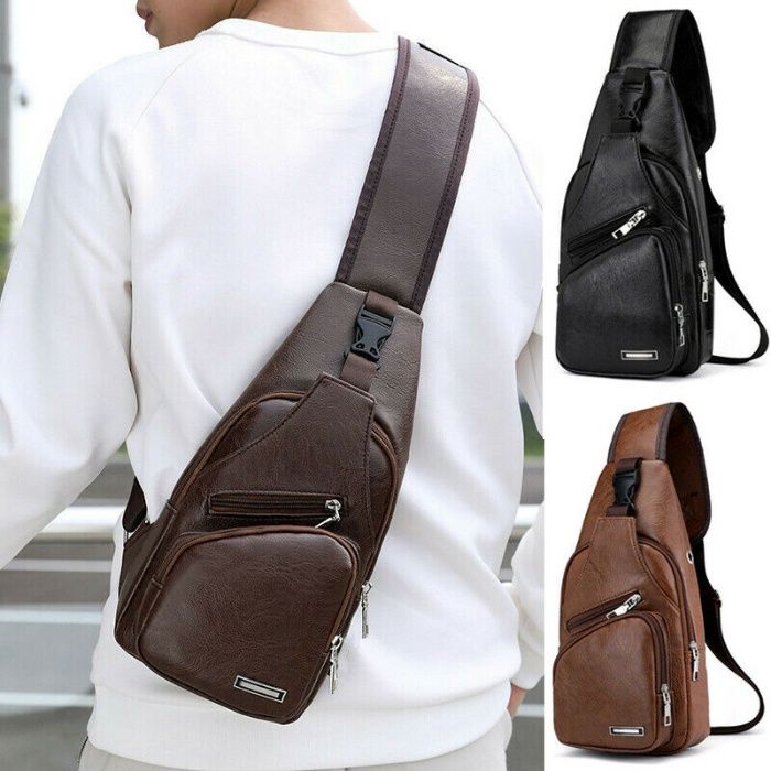 Men Shoulder Bag Sling Chest PU USB Charging Sports Crossbody Handbag