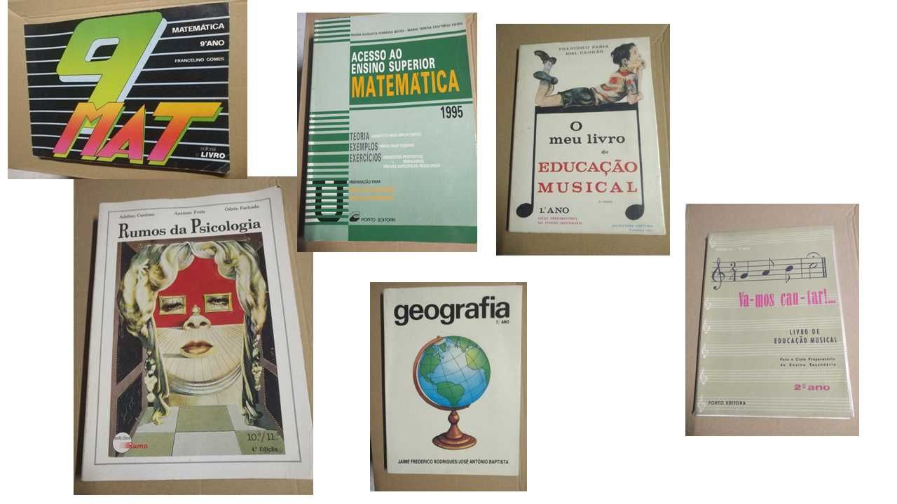 Vários livros de Psicologia, Matemática, Geografia, e Música