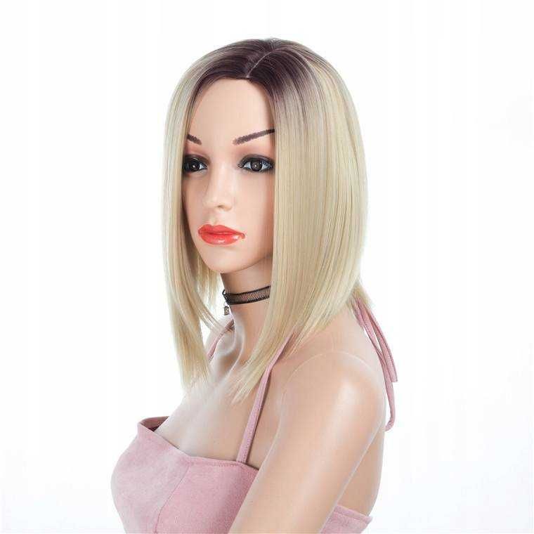 Peruka blond krótkie włosy bob prosta do ramion ombre