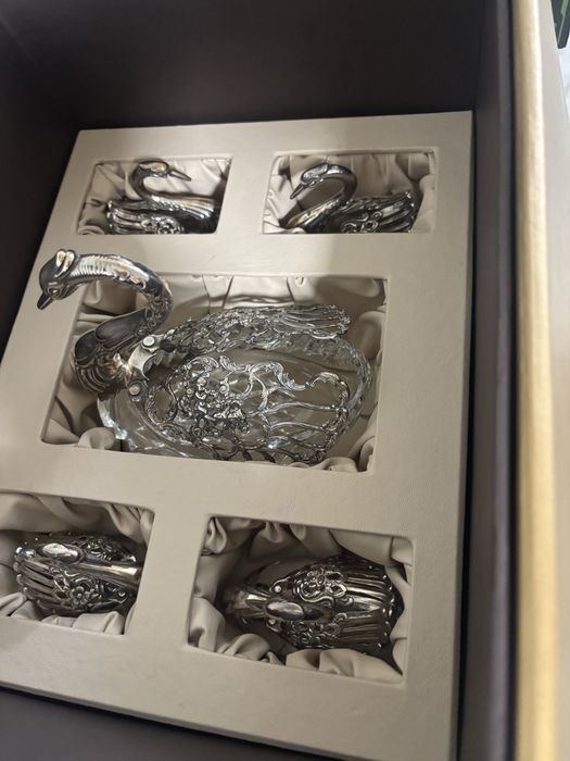 Набор «Лебеди» — икорницы/соусницы из серебра 925 пробы и хрусталя