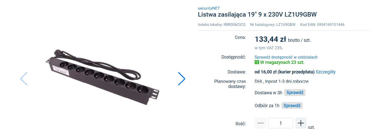 Listwa zasilająca RACK 19" 9 x 230V LZ1U9GBW