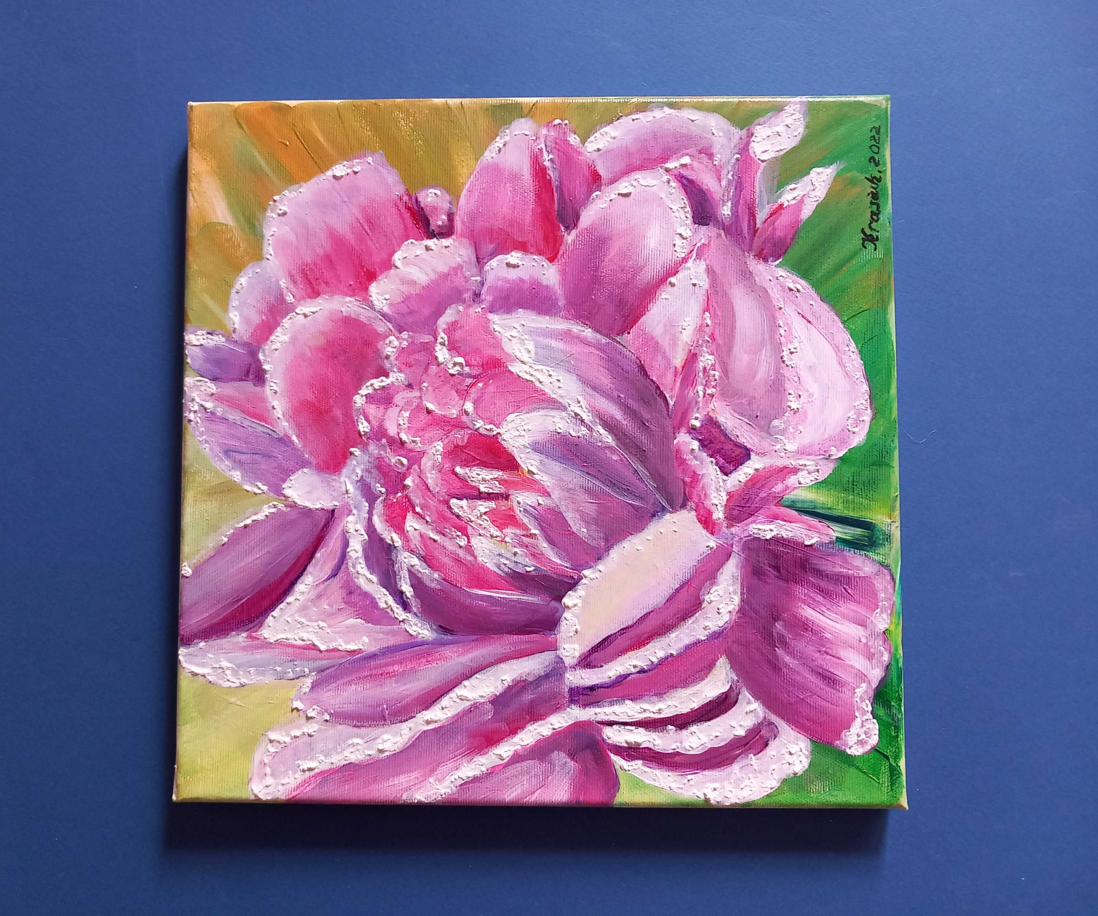 PIWONIA obraz olejny płótno tekstura ręcznie malowany 30x30 cm