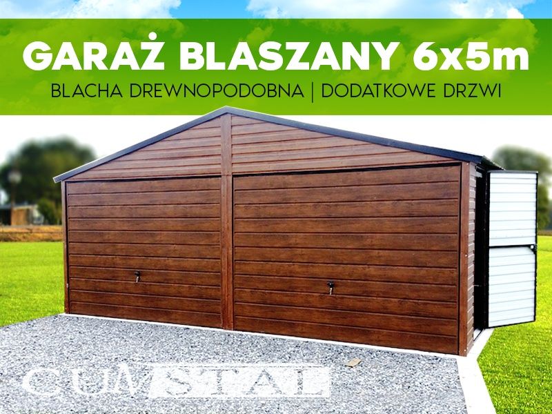 Garaż blaszany w kolorze orzech z dwoma bramami , garaże blaszane