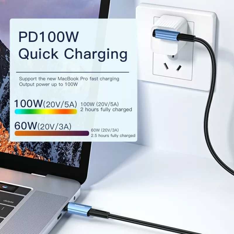 100W 5А качественный Угловой кабель С-C, USB-C 1-2м быстрая зарядка