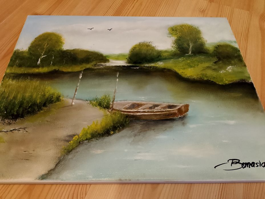 Obraz 50/40 cm łódka przy pomoście rękodzieło