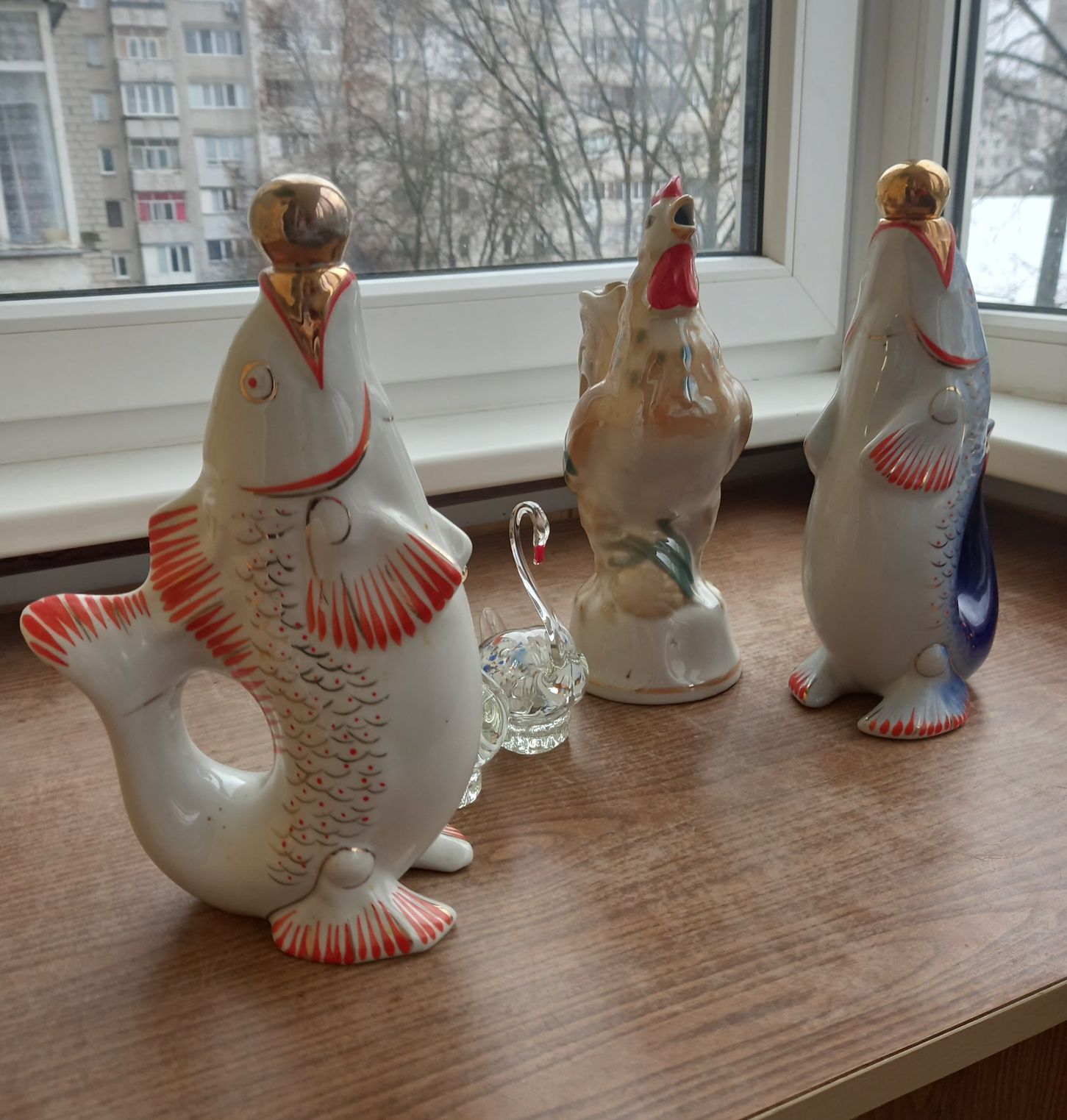 Статуэтка СССР рог, рыбки, лебеди, графин петух, подставка для телефон