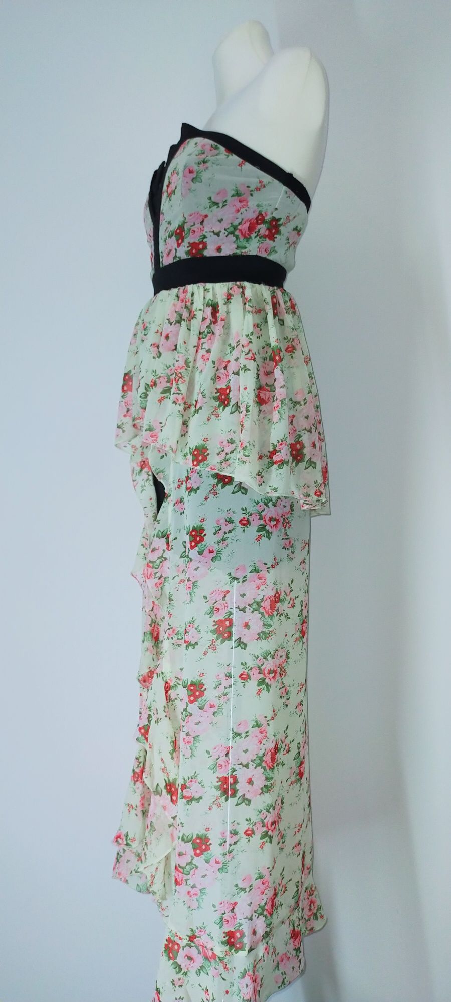 Sukienka suknia długa asymetryczna falbana kwiaty róże 36 S 38 M