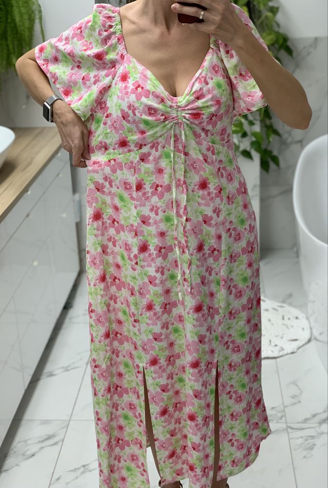 Sukienka maxi midi kolorowa w kwiaty wiskoza len na lato upaly 38 40