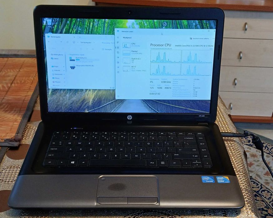 Laptop HP 650 i3-2310m 15,6" 6gb ram 128gb ssd win 11 zasilacz