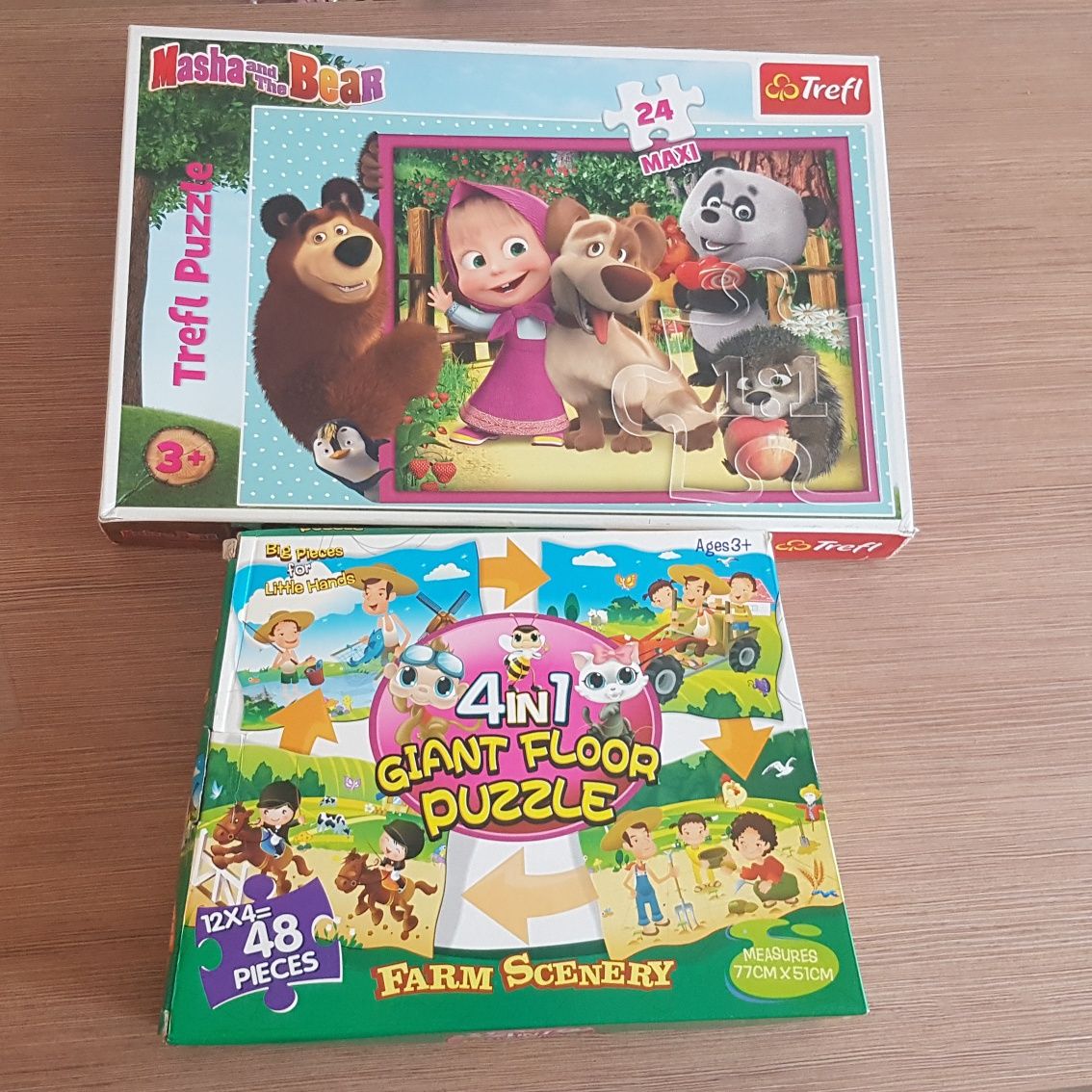 Puzzle Masza i Niedźwiedź  3+ oraz  puzzle 4w1 Farma 3+