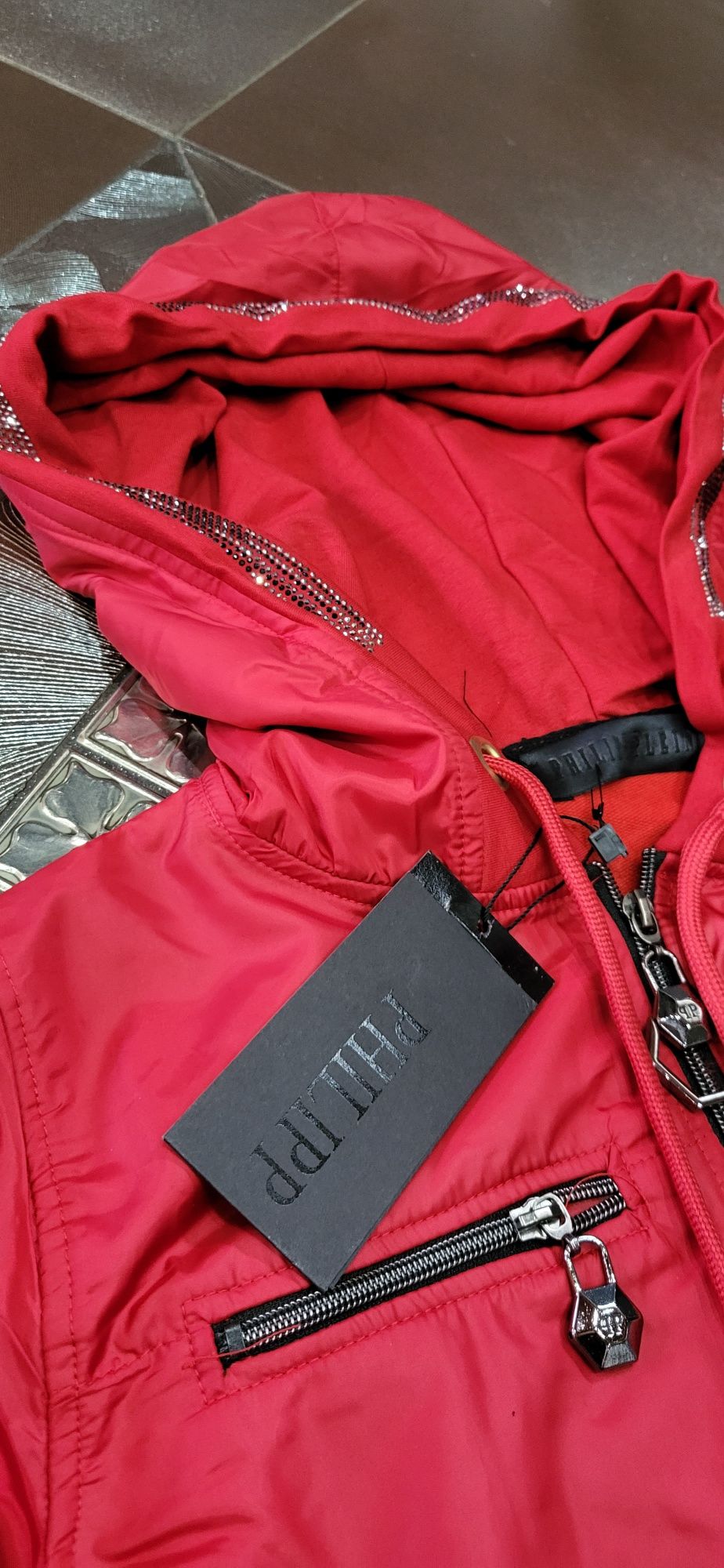 PP czerwony dres damski premium bomberka spodnie zasuwny kaptur S