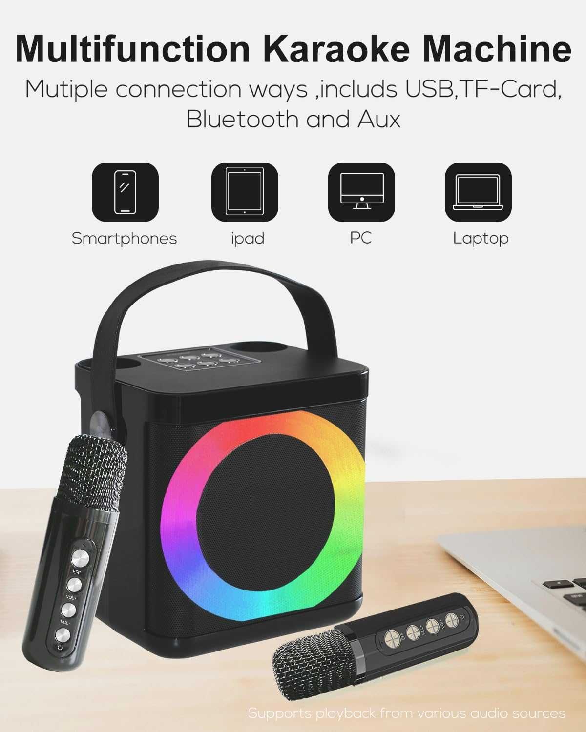 Zestaw karaoke z 2 bezprzewodowymi mikrofonami przenośny Bluetooth