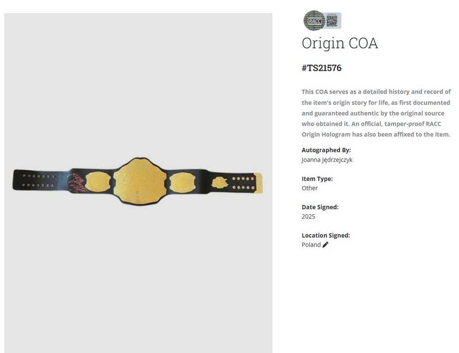 Joanna Jędrzejczyk UFC KSW MMA pas mistrzowski UFC z autografem + cert