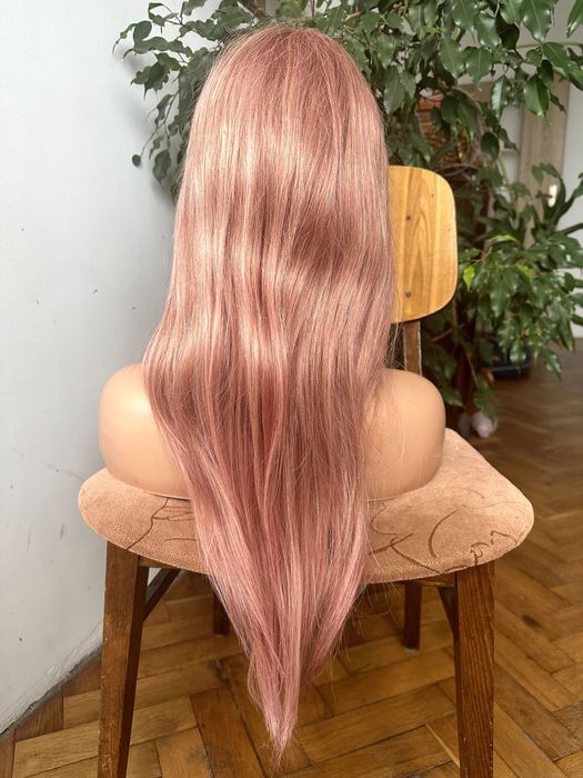 Bardzo długa różowa pastelowa peruka 100% włosy ludzkie naturalne pink