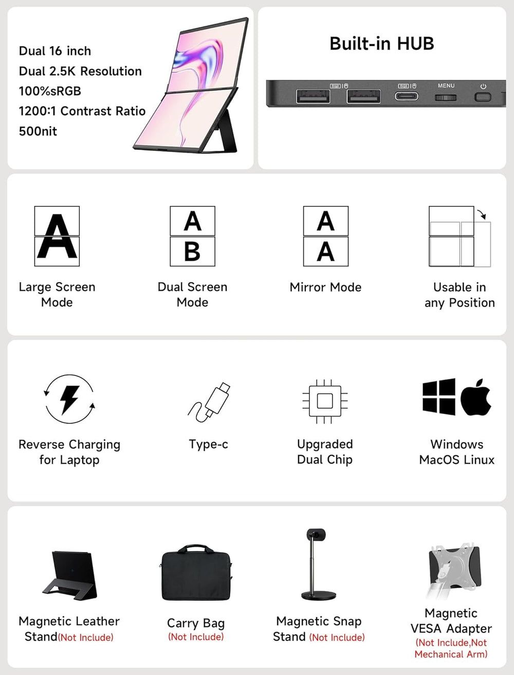 JSAUX FlipGo Pro 16-22" Full HD Портативный Двойной Монитор / 60Гц /