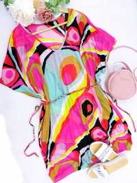BD29 kolorowa plażowa tunika damska zwiewna wiązana print L 40 XL 42