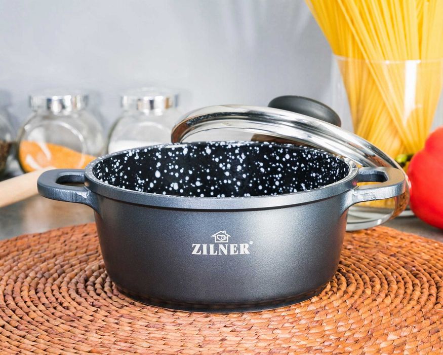 GARNKI MARMUROWE ZILNER MARBLE 7 EL. Komplet Garnków Czarnych Zestaw