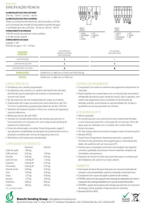 Combinado Bianchi Vending c/terminal Nayax | Bebidas quentes + Snacks