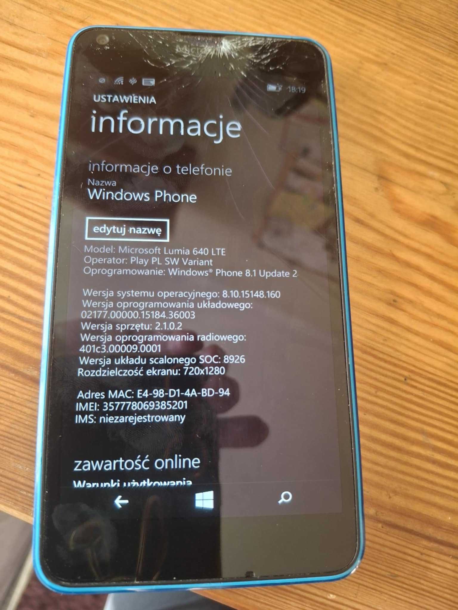 Lumia 640 LTE Windows Phone 8.1 USZKODZONA