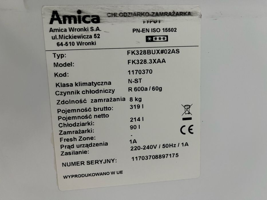 Lodówka Amica 185cm A++ |12msc |Dobry stan |Dowóz