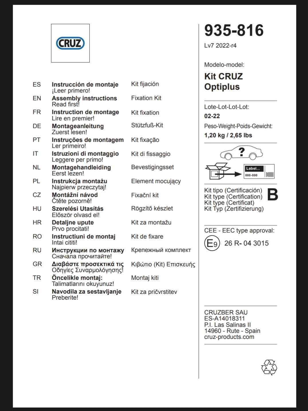 Kit de fixação barras Cruz Airo para Opel Astra k Sports Tourer