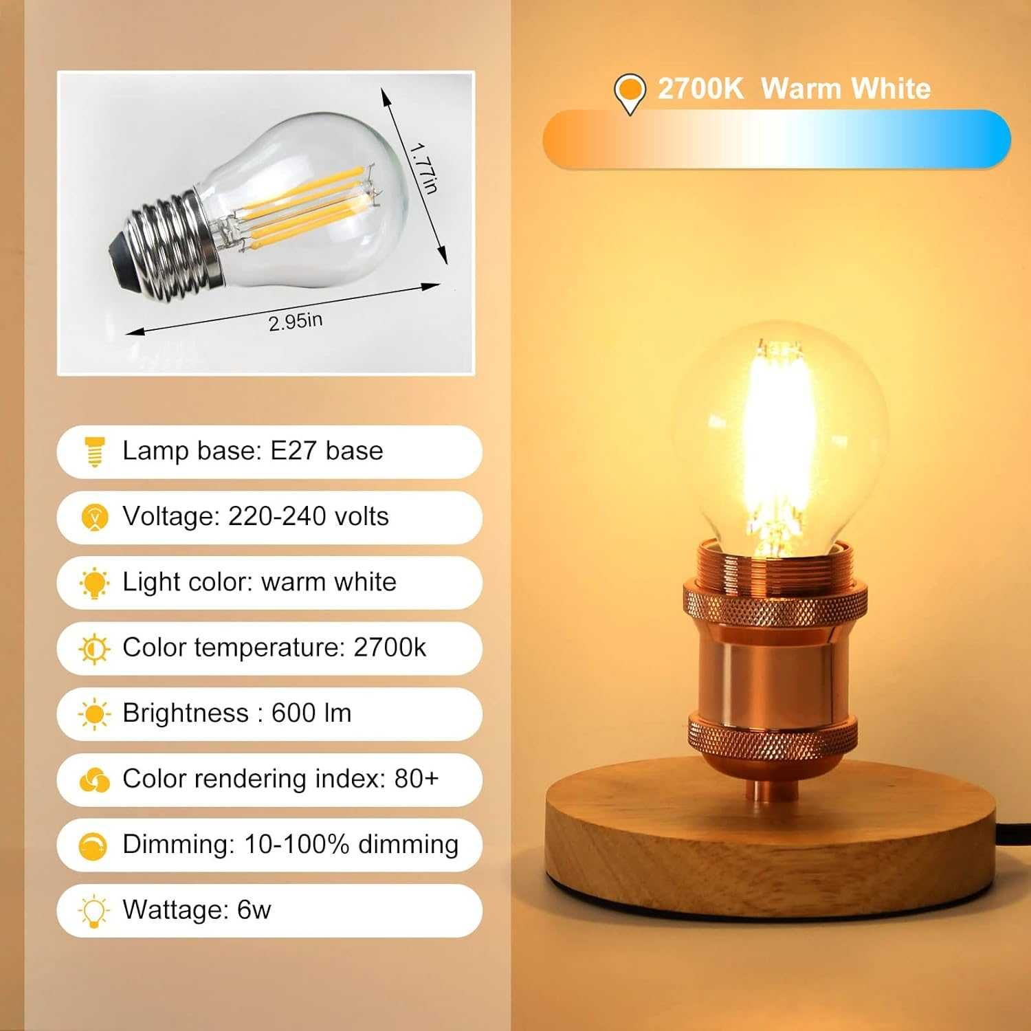 BRIMAX Żarówki Filament LED G45 E27 2700K ciepła biel 6W 10szt. EDISON