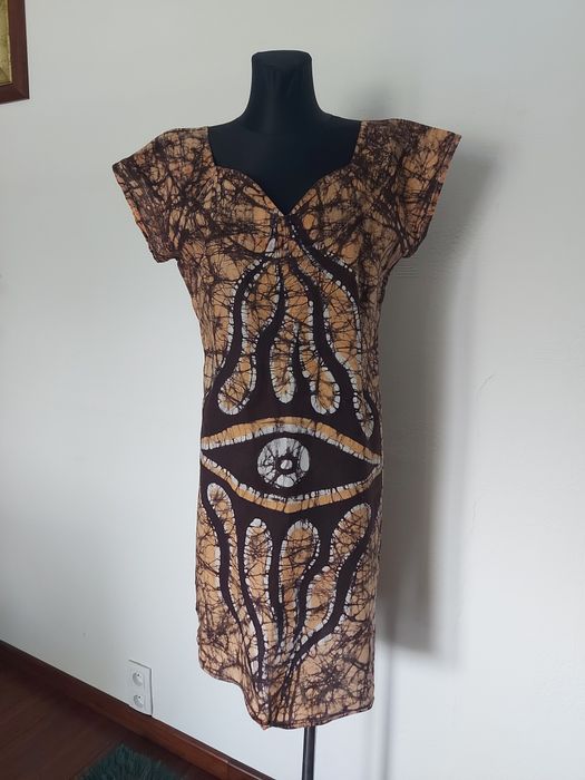 Sukienka wzorzysta brązowa beżowa XL 42 etno boho