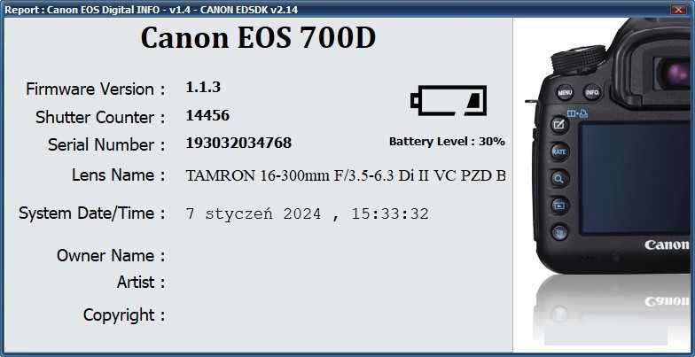 canon 700D + TAMRON 16 – 300mm f/3.5-6.3 Di II VC PZD B + akcesoria