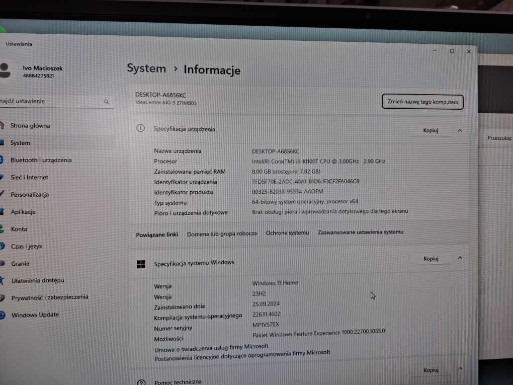 Komputer AIO Lenovo IdeaCentre AIO 3 27” | i3 10gen | 8GB DDR4 | 512GB