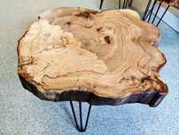 Stolik kawowy drewniany, plaster drewna, loft, żywica