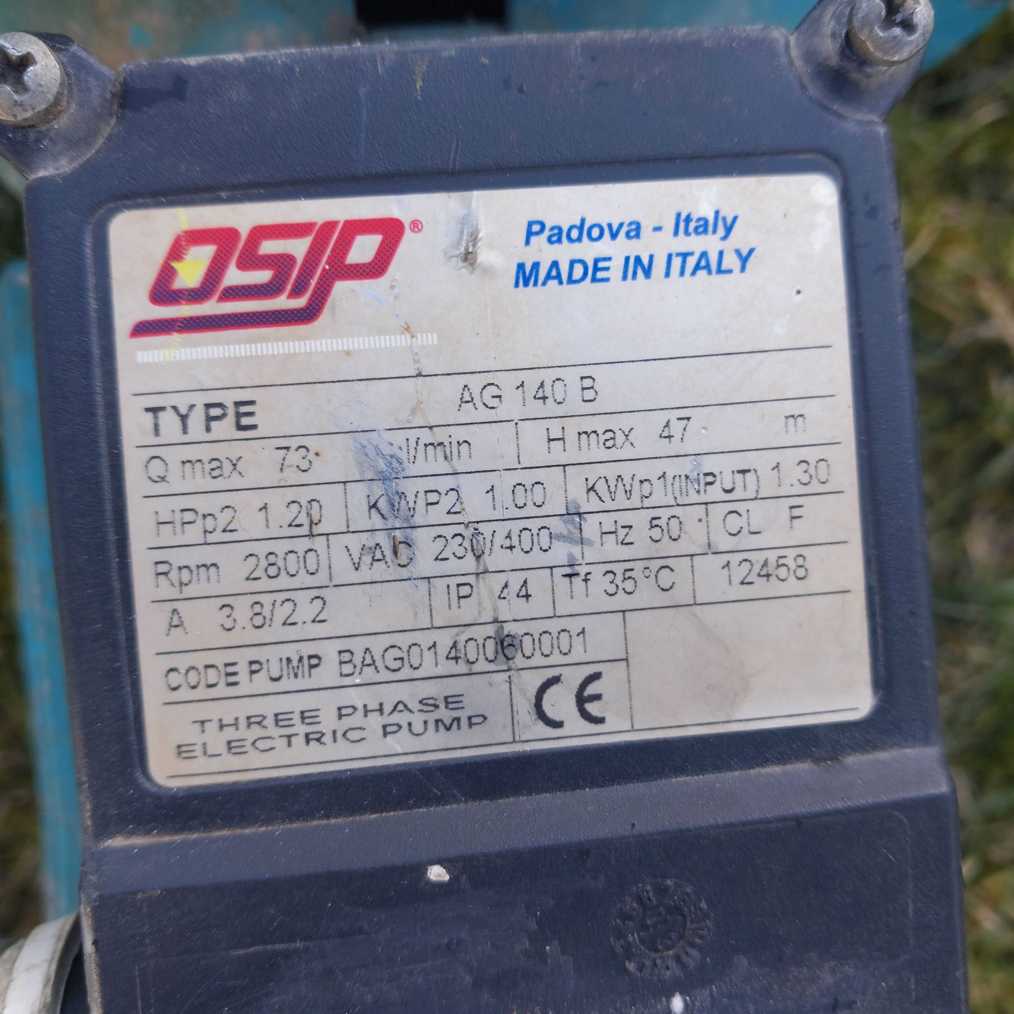 pompa hydroforowa Padowa Italy AG 140 B   73 litry/min  4,7 bar/Atm