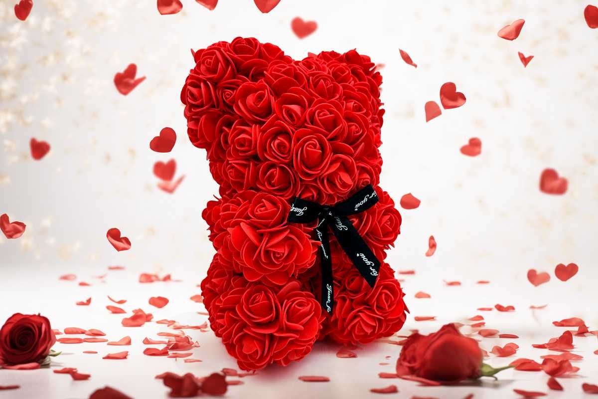MIŚ Z CZERWONYCH RÓŻ XL NA PREZENT Bukiet Kwiatów Ozdoba Walentynki
