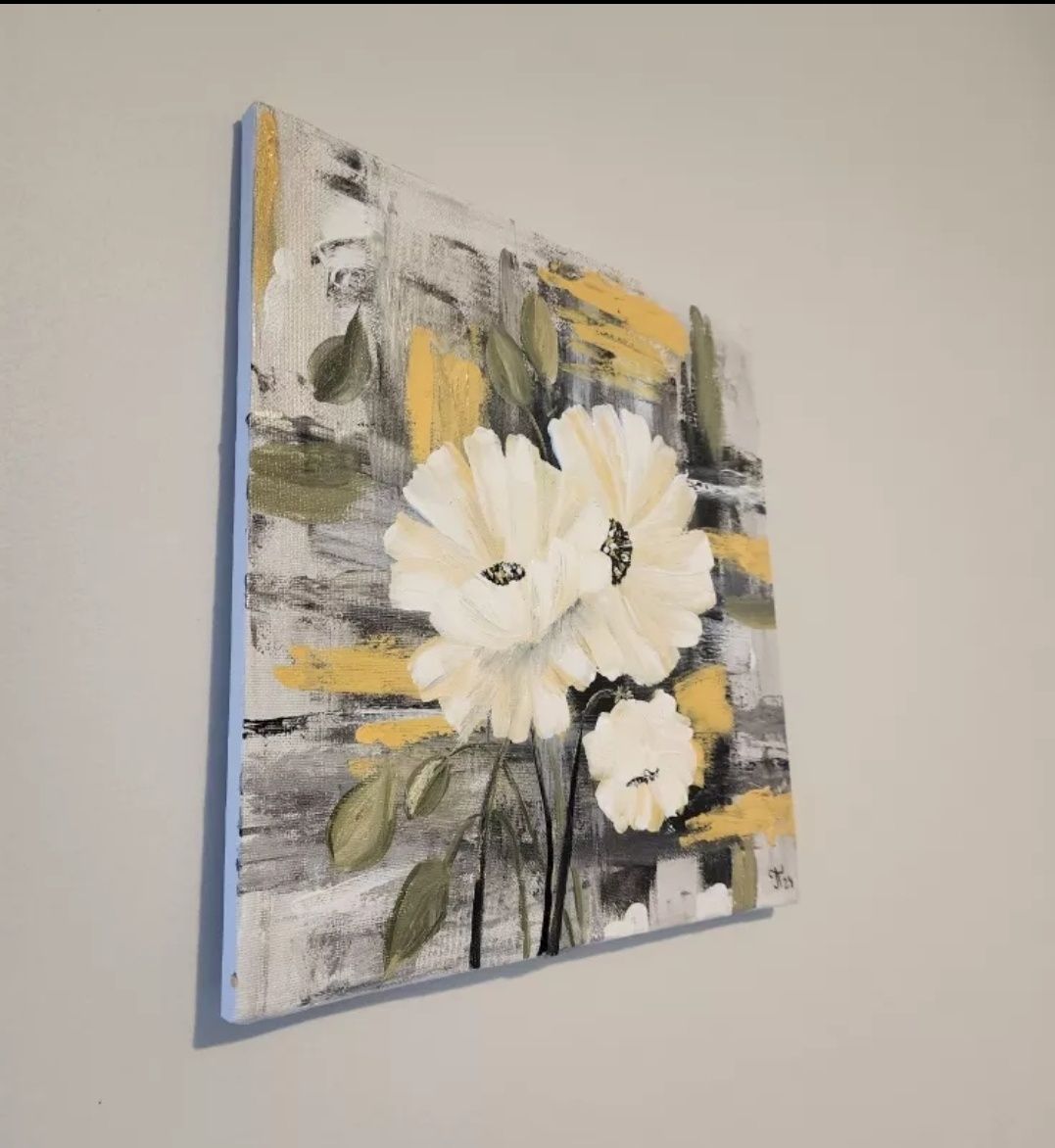 Quadro Pintura Á Mão sobre Tela Canva Flores Brancas 30x30 cm