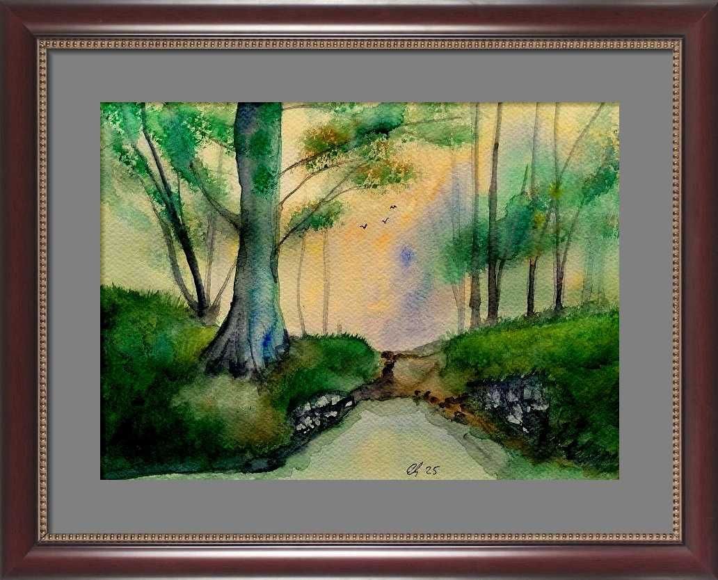 Aguarela pintada a mão "Floresta ao amanhecer"